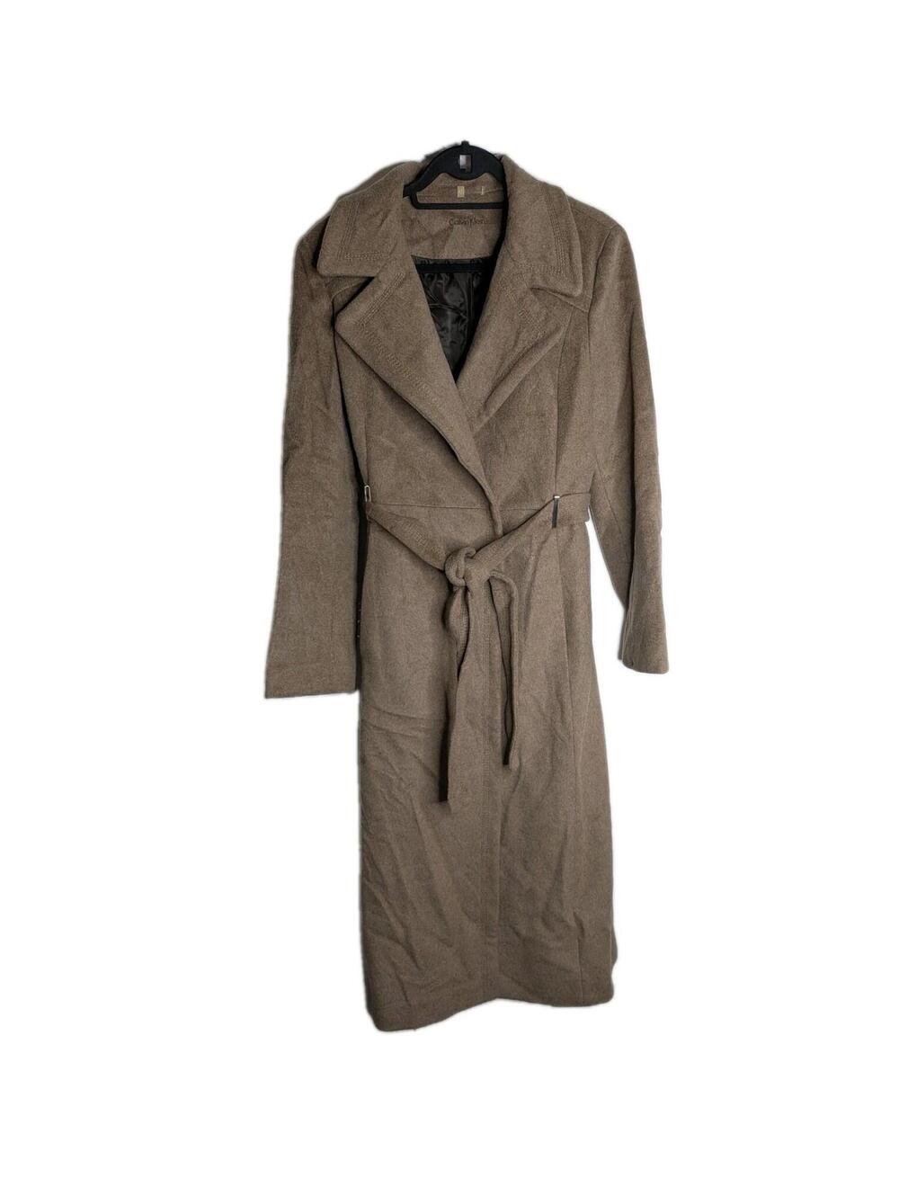 Calvin Klein Coat Womens 14 Oat Wool Belted Long Overcoat Lined Tie Waist
